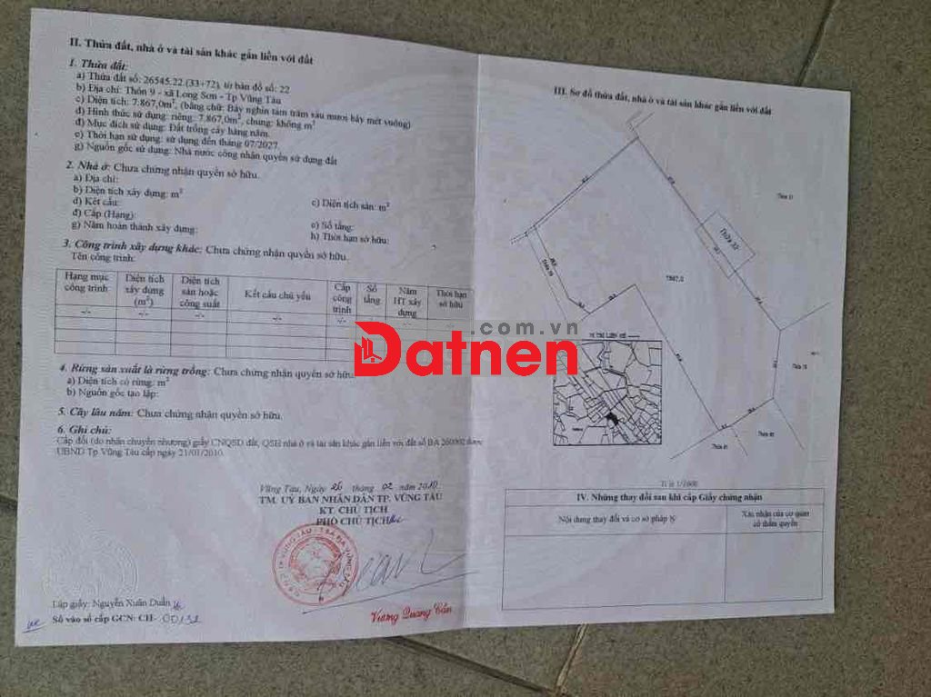 cần bán đất.thôn 9 xã Long Sơn bờ rịa Vũng tàu