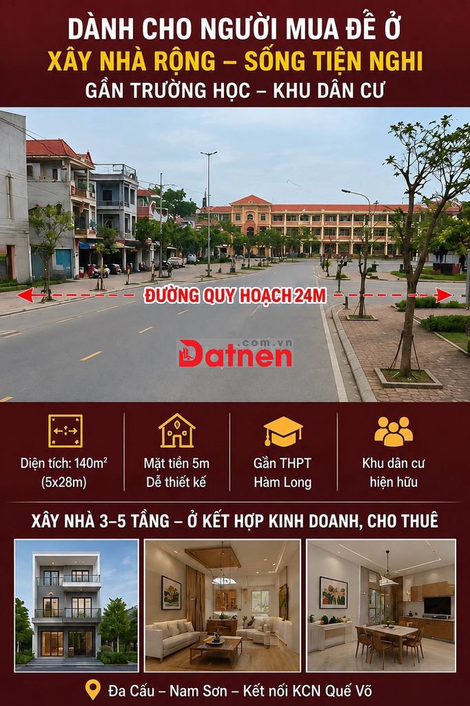 Đất 140m2 MT 5m, trục QH 24m, sát THPT Hàm Long, Đa Cấu