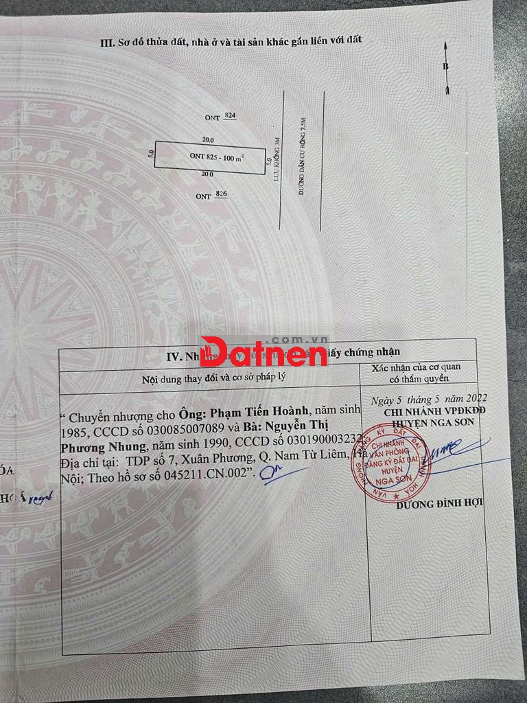 B.án lô đất phân lô vỉa hè, kd đỉnh, cổng kcn Tam Linh Nga Sơn 100m2