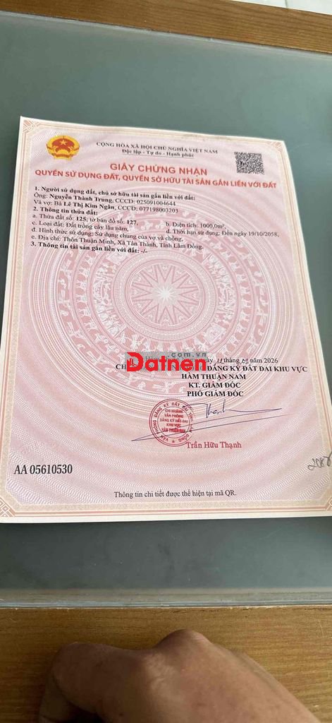 Bán đất 1.000m2 Thuận Minh , Tân Thành , Lâm Đồng