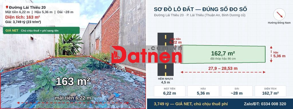 Bán đất 163m2 ngang 6,22m hẻm 4,5m, Lái Thiêu 20, giá net sang tên