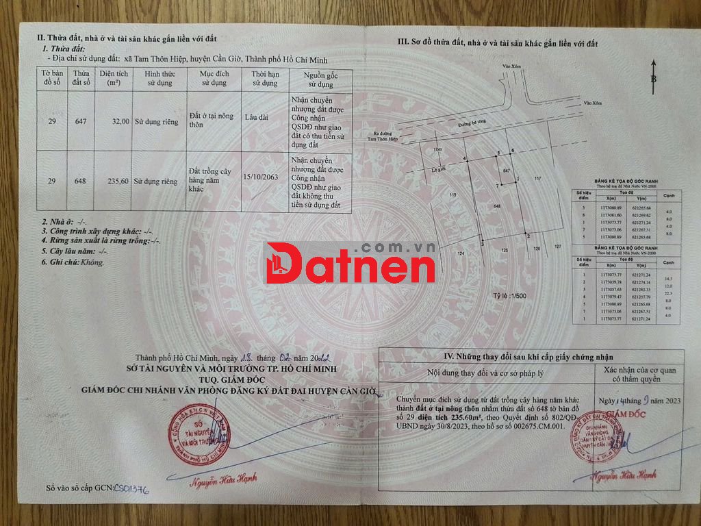 BÁN ĐẤT CHÍNH CHỦ – XÃ TAM THÔN HIỆP, HUYỆN CẦN GIỜ