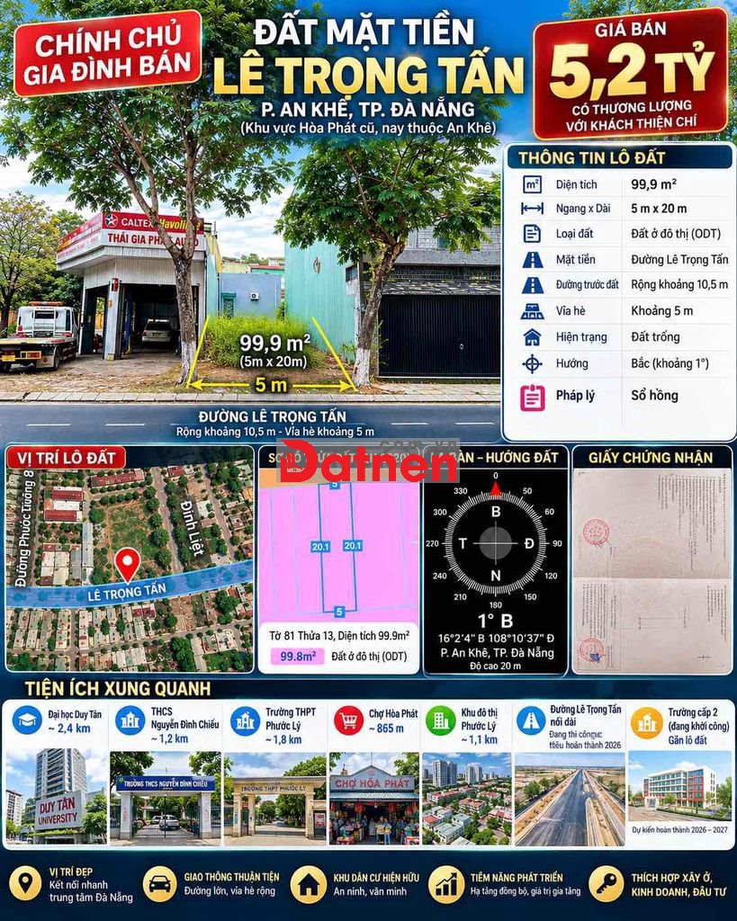Bán đất mặt tiền Lê Trọng Tấn, 99,9m², đường 10,5m- 5m giá 5,2 tỷ