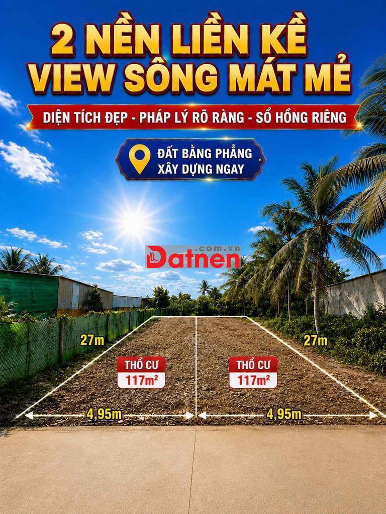 Chính Chủ - bán 2 nền liền kề mặt tiền Rạch Khoán Châu view sông