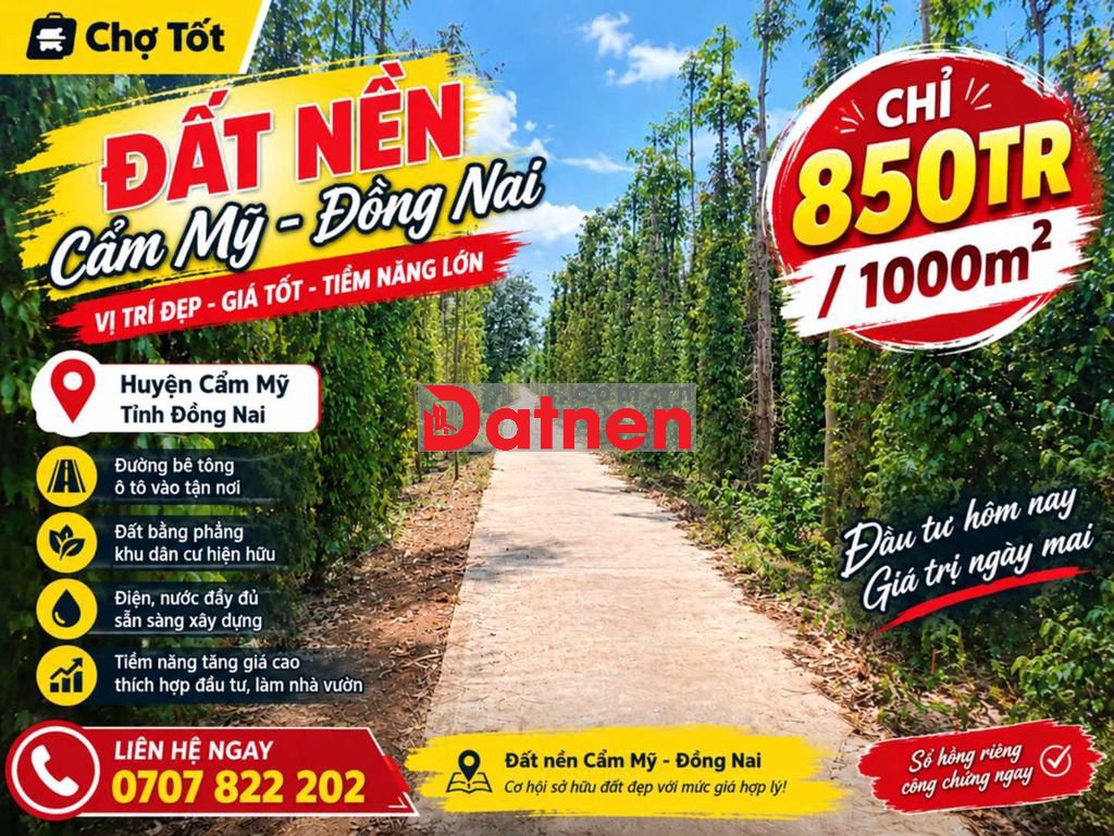 ĐẤT Thổ cư CẨM MỸ – ĐỒNG NAI | 1.000m² CHỈ 850 TRIỆU | GIÁ TỐT