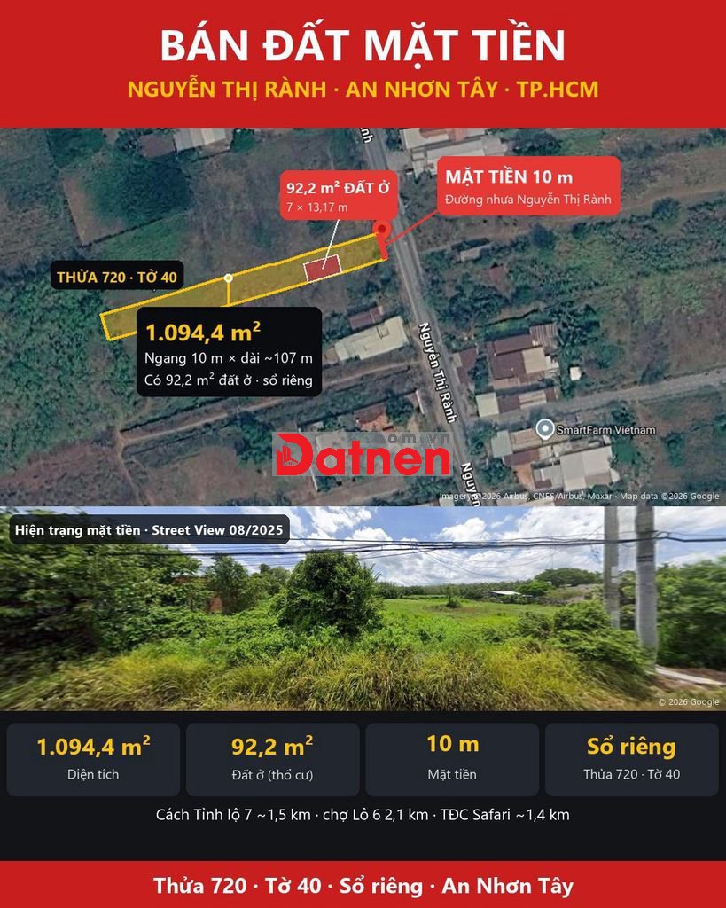 Bán đất mặt tiền Nguyễn Thị Rành 10x107m, có 92m² thổ cư, sổ riêng