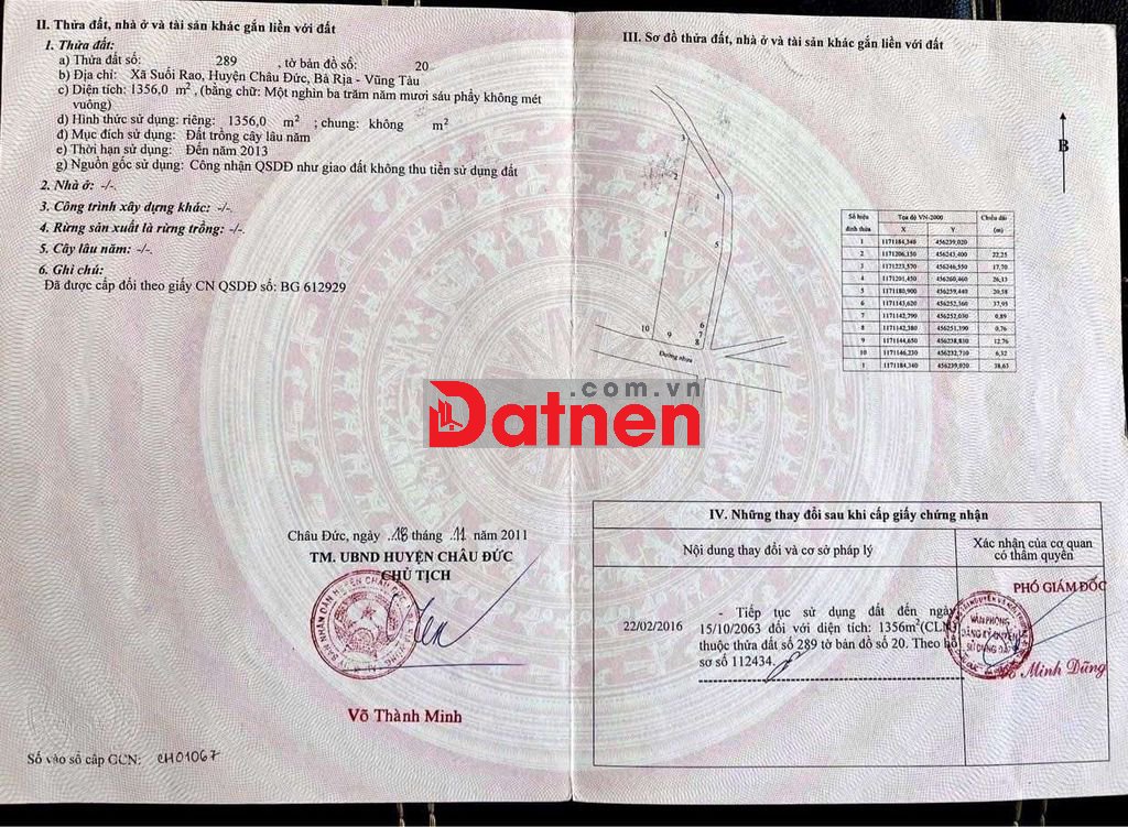 Chuyển nhượng 1400m Đất mặt Tiền Suối Rao 20 x 70m, 1 tỷ 750 hh 3%
